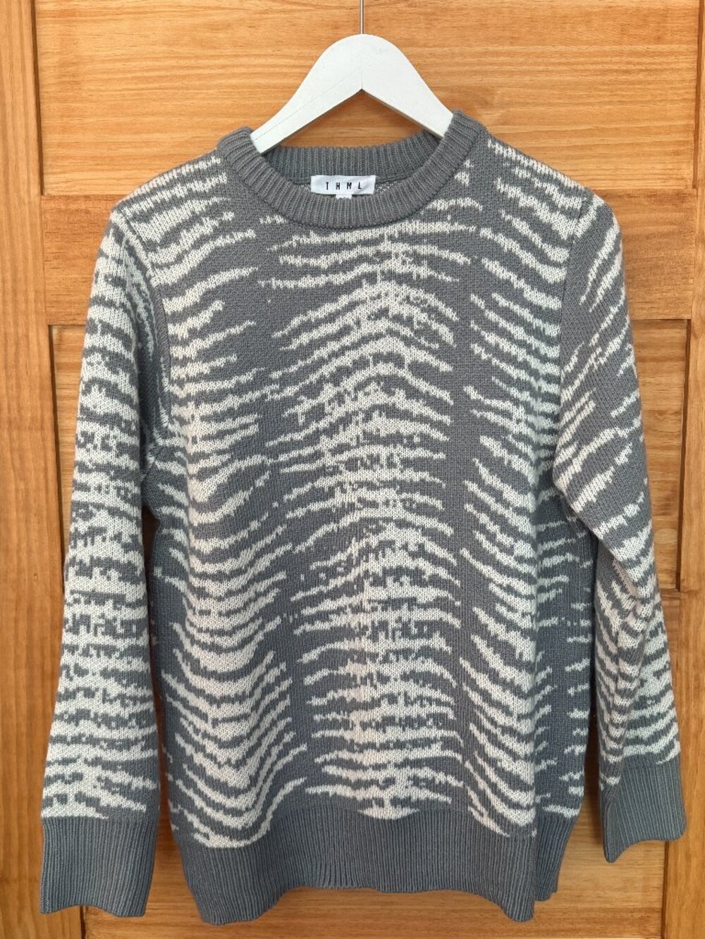THML Anthropologie Gray White Zebra Print Crew Sweater Women's size S